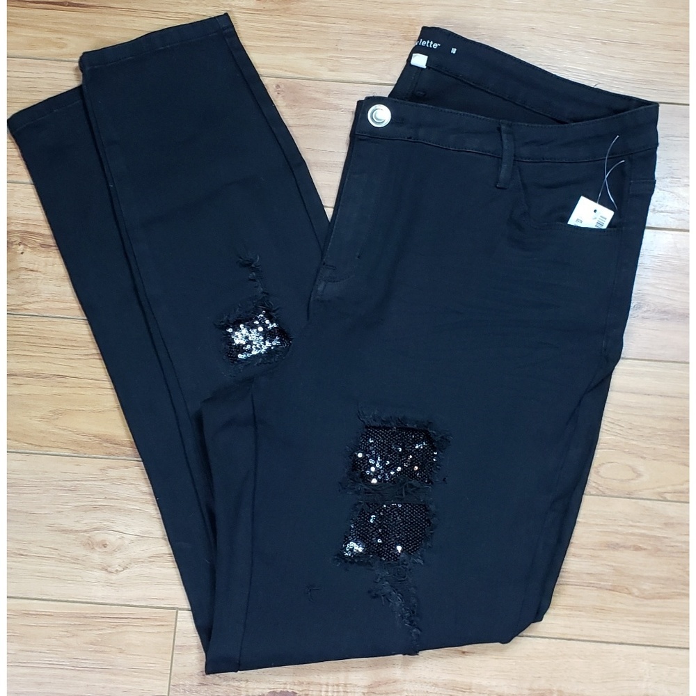 Avenue Black Distressed Skinny Jeans 18 sequins - Picture 3 of 8